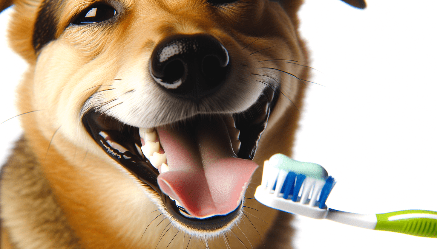 A close-up of a content pet during a tooth-brushing session.