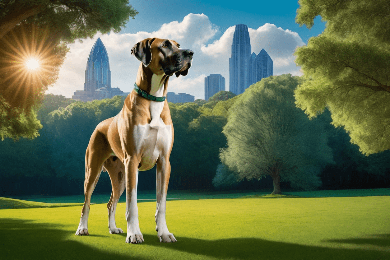 A majestic Great Dane stands proudly on a wide, grassy lawn in a park, looking off into the distance with an air of confidence and grace.
