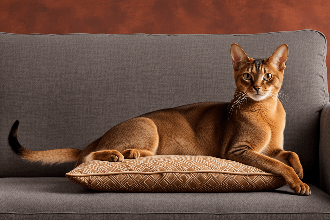 An elegant Abyssinian cat with a sleek, ruddy coat strikes a regal pose. Known for their playful and social personality, Abyssinians are highly active and curious, making them a delightful addition to any family.