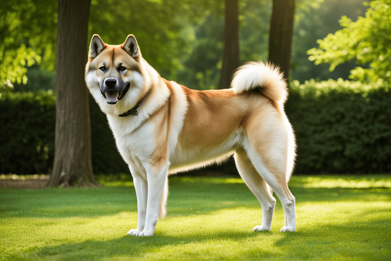 The majestic Akita strides through the park, its thick fur and dignified posture turning heads, as it explores with a calm and watchful demeanor.