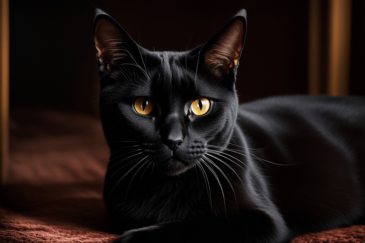 The Bombay cat's sleek, black coat and golden eyes make it a striking addition to any household.