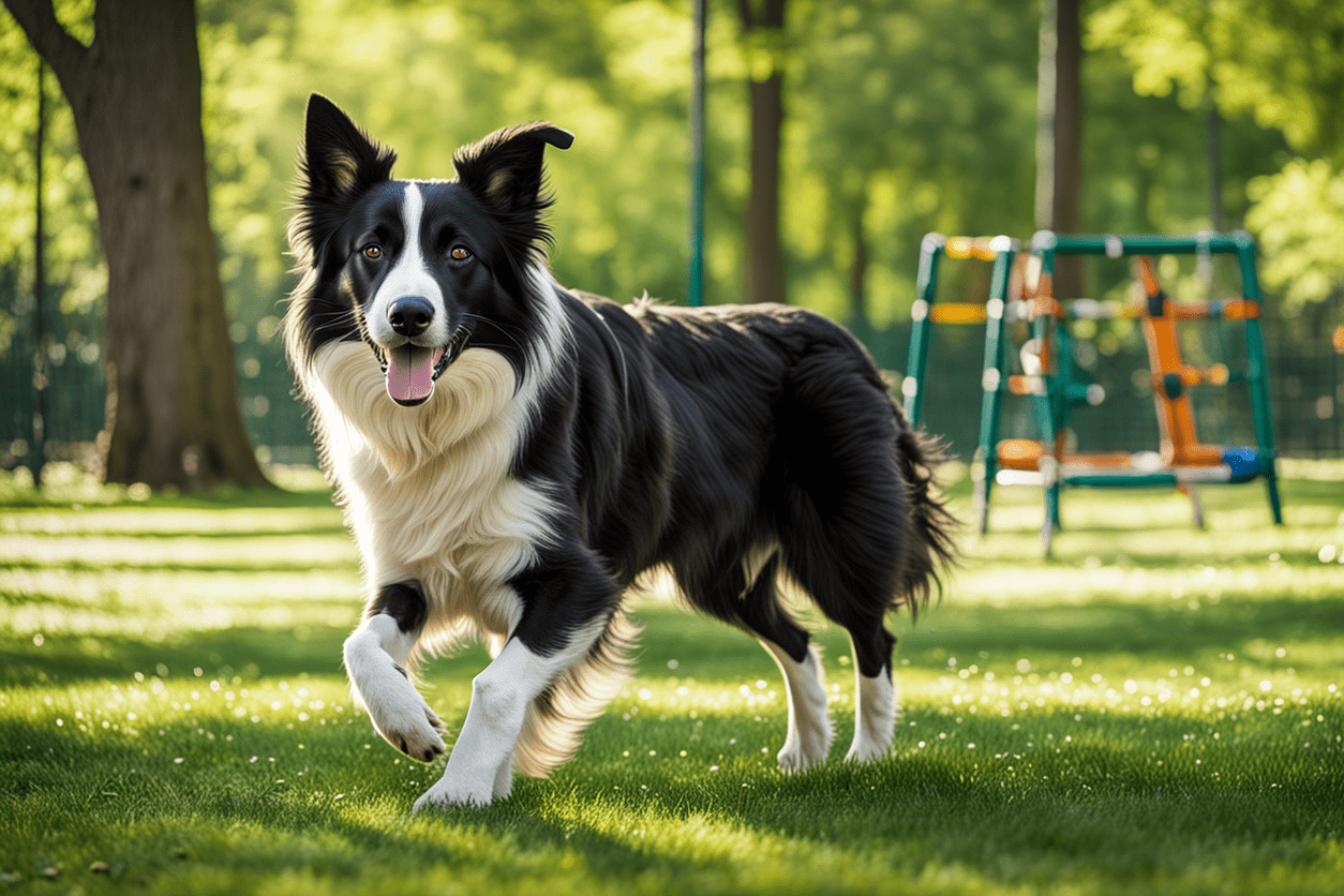 A border collie sprints across the park, its sleek coat glistening in the sun, expertly herding a group of playful children.