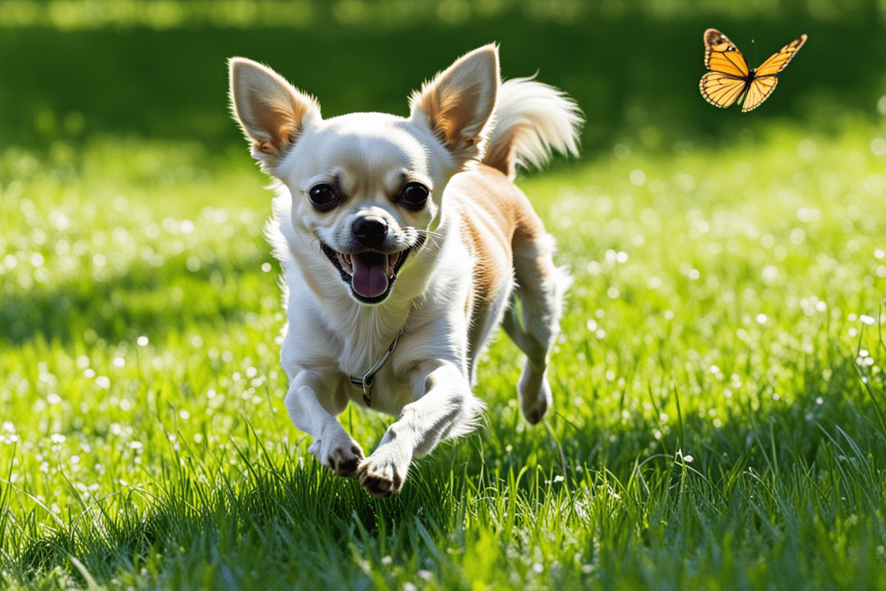 The tiny Chihuahua scampers through the park, its big eyes sparkling with excitement as it chases after a butterfly, its little legs moving swiftly.