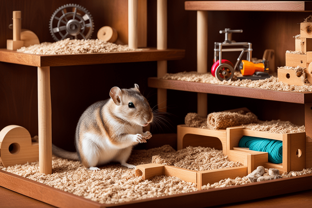 Gerbil tank with deep bedding, wooden house, chew toys, and an exercise wheel.