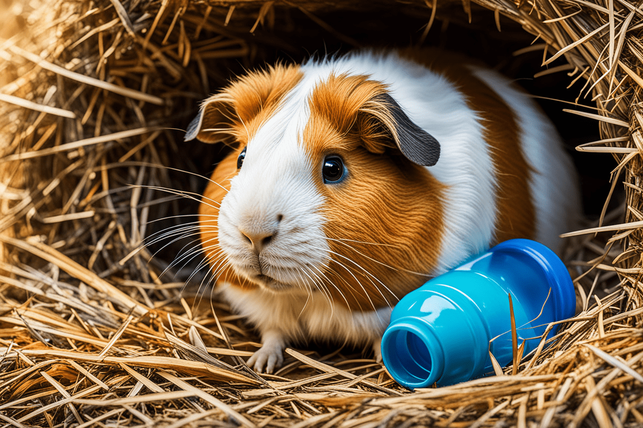 Happy guinea pig munching on fresh hay in a cozy, roomy cage with toys and a water bottle.