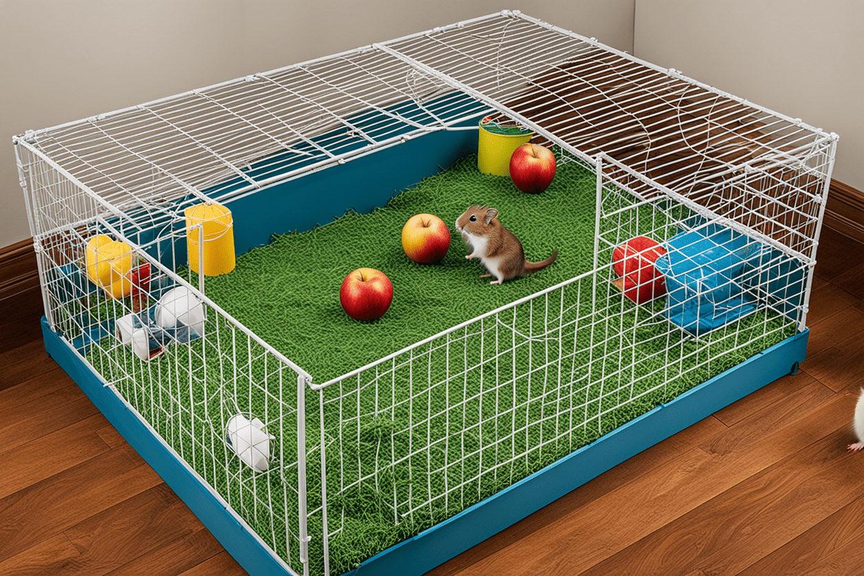 Hamster cage with paper-based bedding, exercise wheel, and chew toys, creating a stimulating environment.