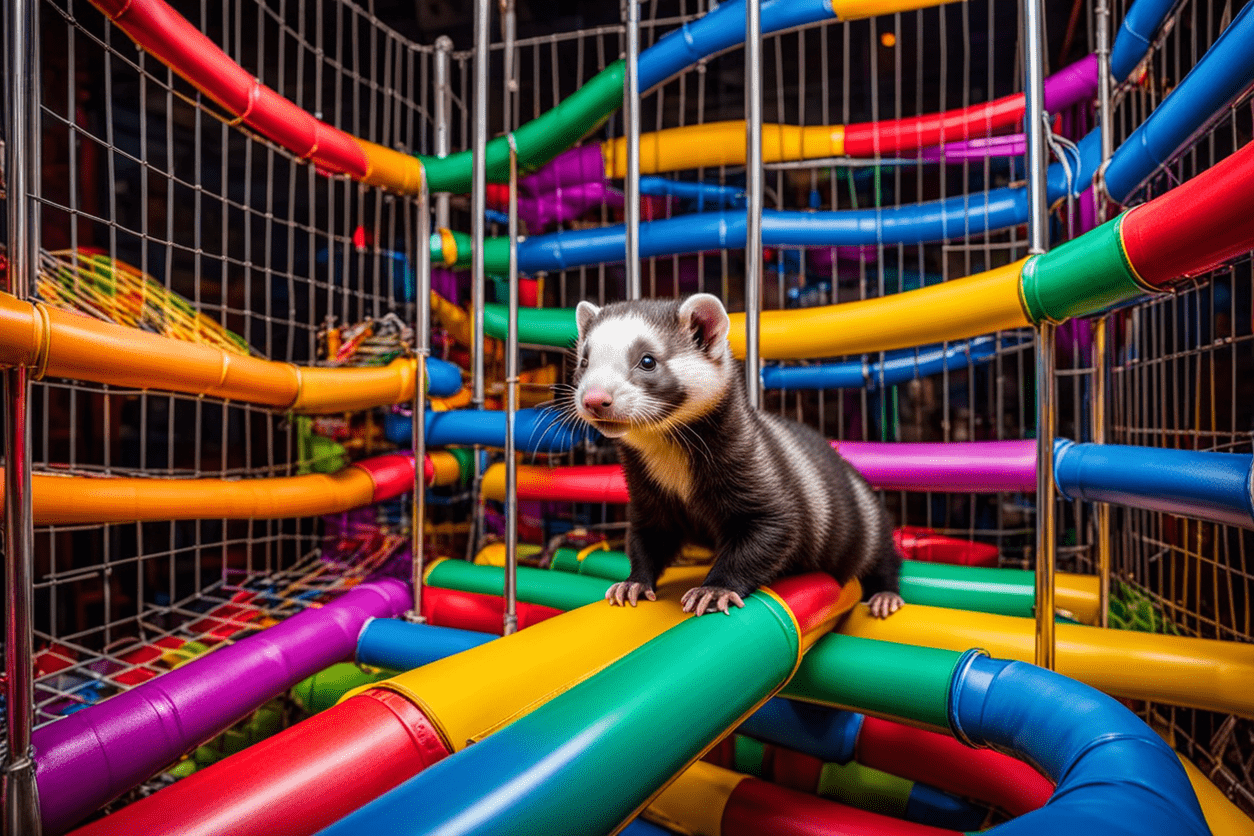 A happy ferret scampers through a tunnel in a multi-level cage.