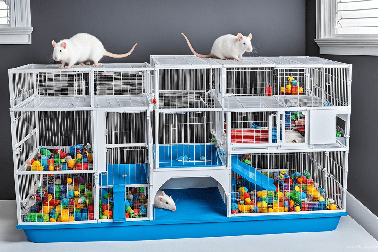 A multi-level rat cage setup with colorful bedding and toys, featuring two curious rats climbing the cage bars.