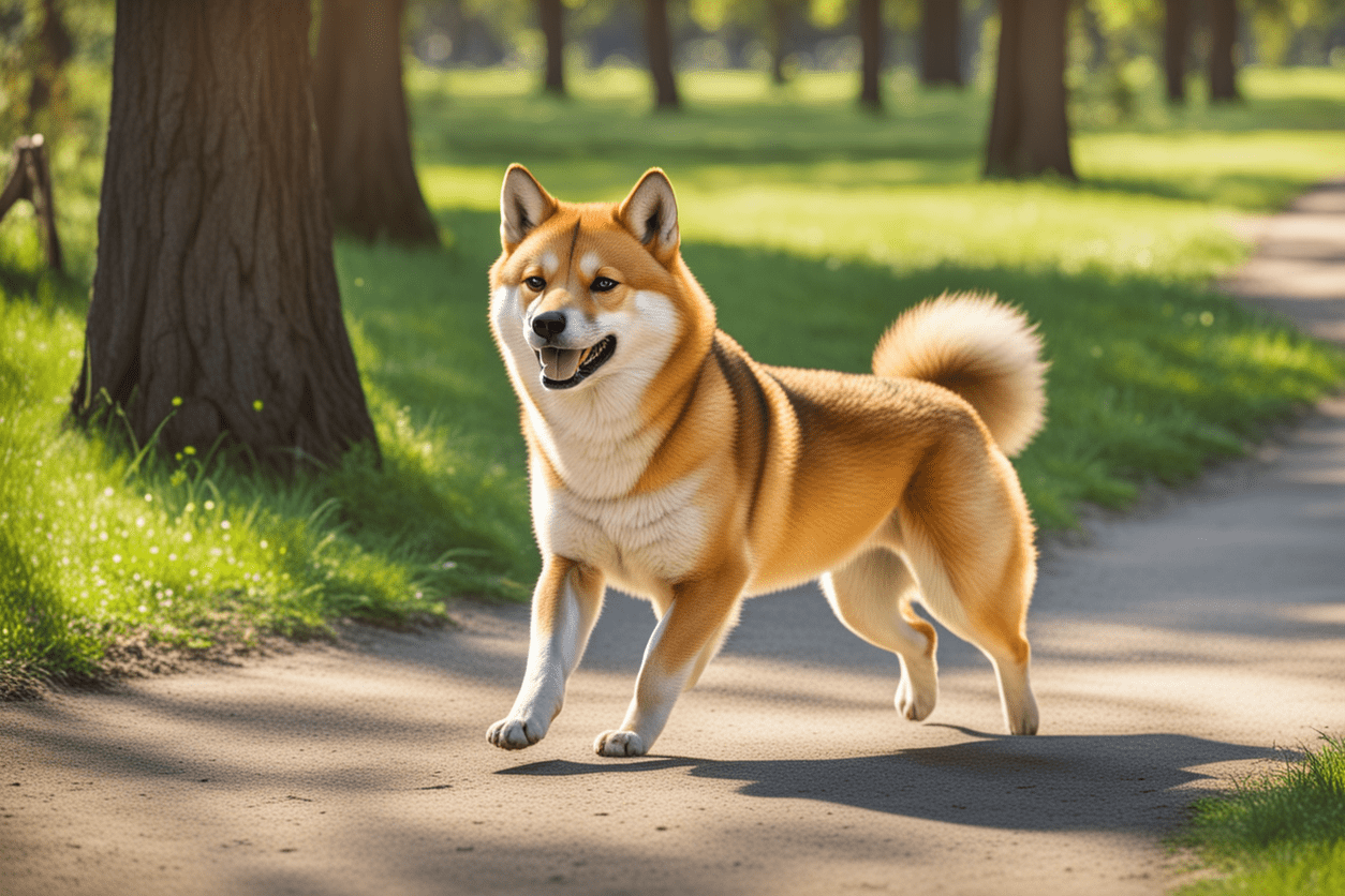 The Shiba Inu trots confidently through the park, its curled tail and fox-like face attracting admiring glances, as it explores every corner with curiosity.